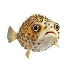 Pufferfish with big eyes and spiky skin on a transparent background, a funny and cute sea animal with a surprised expression Concept of marine life, wildlife, and underwater creatures