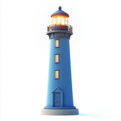 tall blue lighthouse with a bright light at the top, placed on a clean white background