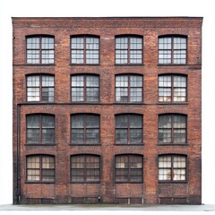 Fototapeta premium Brick Warehouse Facade: A vintage building featuring large windows and rustic textures, perfect for urban design projects.