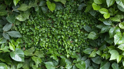 Fototapeta premium Lush green leaves, natural wall backdrop, vibrant foliage