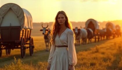 Beautiful woman stands on pathway at golden hour. Covered wagons, oxen in background. Pioneer woman part of historical journey across prairie. Scene rustic, cinematic. Vintage style, timeless