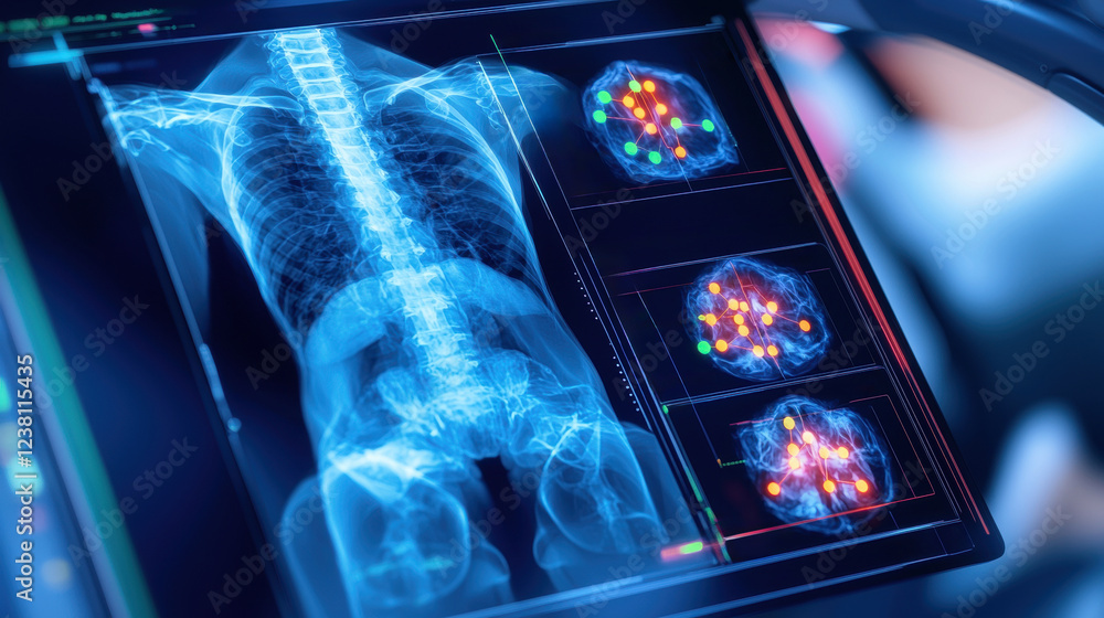 Poster artificial intelligence in medical detection. x ray analysis displaying skeletal structure and detai