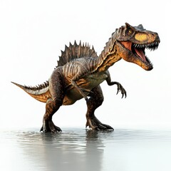 Fototapeta premium Terrifying Spinosaurus standing in shallow water, isolated on a clean white background