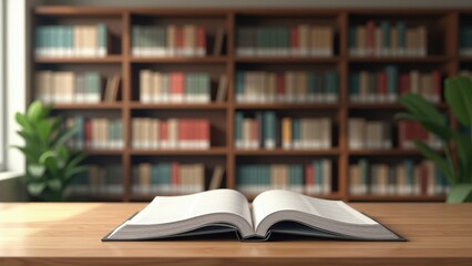 Fototapeta premium Open Magazine Mockup, open magazine on table with bookshelves view photorealistic