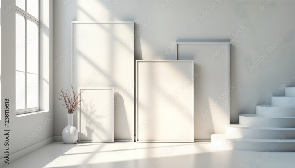 Poster white room with different size empty picture frames on wall. sunlight casts shadows on empty frames.