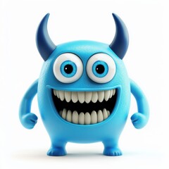 Fototapeta premium Three-eyed blue monster with tiny horns and a big toothy grin, isolated on a clean white background