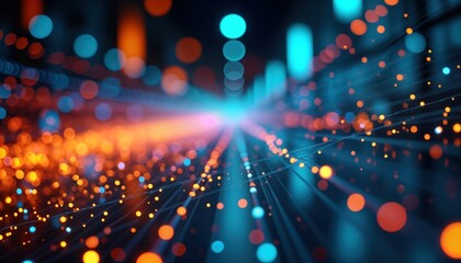 Obraz premium Abstract digital fiber optic data transfer concept. Colorful glowing particles flow along complex network lines. Futuristic tech visuals. Network structure. Shows data transmission. Dynamic digital