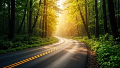 Obraz premium Forest road winds through green foliage. Sunlight streams through trees creating bright path. Journey personal, professional success. Opportunity, growth shown. Road continuous journey. Focus on