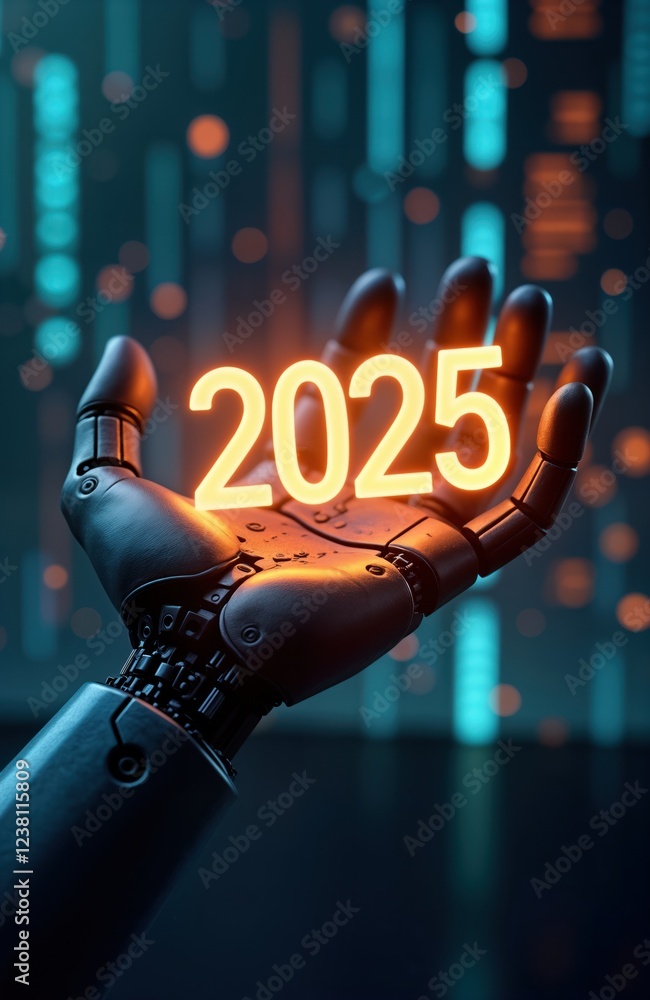 Poster robotic hand holds glowing 2025 number in digital futuristic environment. tech innovation, future of