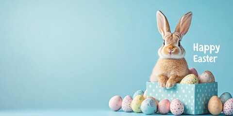 Easter banner with a cute rabbit and colorful eggs on a blue background, with space for text 