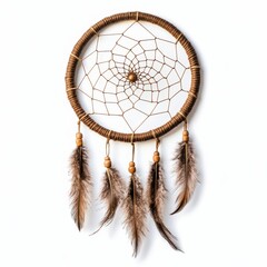 Artistic Dreamcatcher with Feathers: A stylish bohemian decor piece featuring a woven web and natural tones, perfect for home decoration.