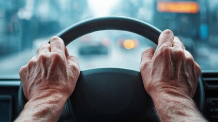 Urban Transit Serenity Drivers Precision on Modern Electric Bus Steering Wheel - Transit Driver Appreciation Day and Earth Day Connectivity in Sustainable Urban Mobility
