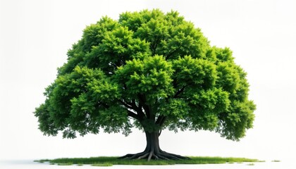 Fototapeta premium Large green tree with thick canopy, visible roots stands alone on bed of grass against white background. Full foliage, strong trunk evoke sense of vibrant life, nature. Ideal for illustrations