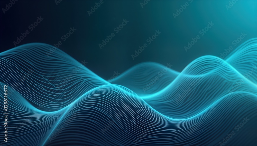 Poster dynamic abstract design with flowing blue neon waves. futuristic digital lines form smooth curves. m