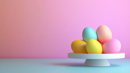 Fototapeta premium 3D design Easter banner background with a bunch of Colorful bright Easter eggs on a white elegant plate , on a bright abstract background, with free space for text