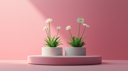 Two potted plants with daisies on a circular display against a pink backdrop.