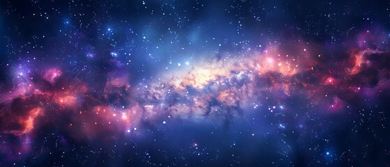 Fototapeta premium Panoramic night view of the luminous Milky Way galaxy with sparkling stars and drifting cosmic dust spanning the vast universe
