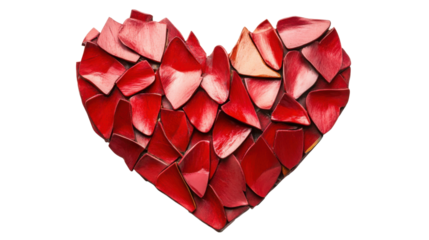 Red heart made of petals forming a mosaic on transparent background