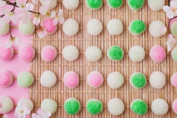 Obraz premium Mochi (Japan) An overhead shot of colorful mochi arranged on a bamboo tray