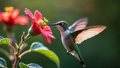 Fototapeta premium Hummingbird sipping nectar from a bright flower, vibrant nature scene, macro photography