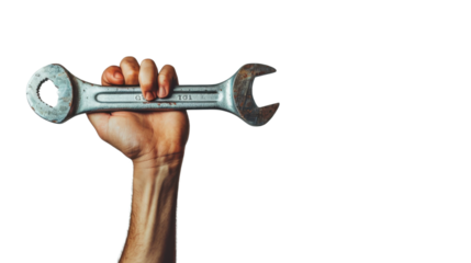 Hand holding wrench with transparent background