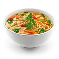 Traditional chicken noodle soup with fresh herbs and vegetables, centered on a clean white background