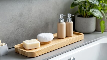 Elegant wooden tray holds soap, loofah, and facial wash on the edge of a sleek bathtub in a bright, modern bathroom setting