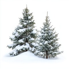 Obraz premium Winter Landscape: Two Snow-Covered Evergreen Trees against a White Background, Ideal for Seasonal Decor or Nature Themes