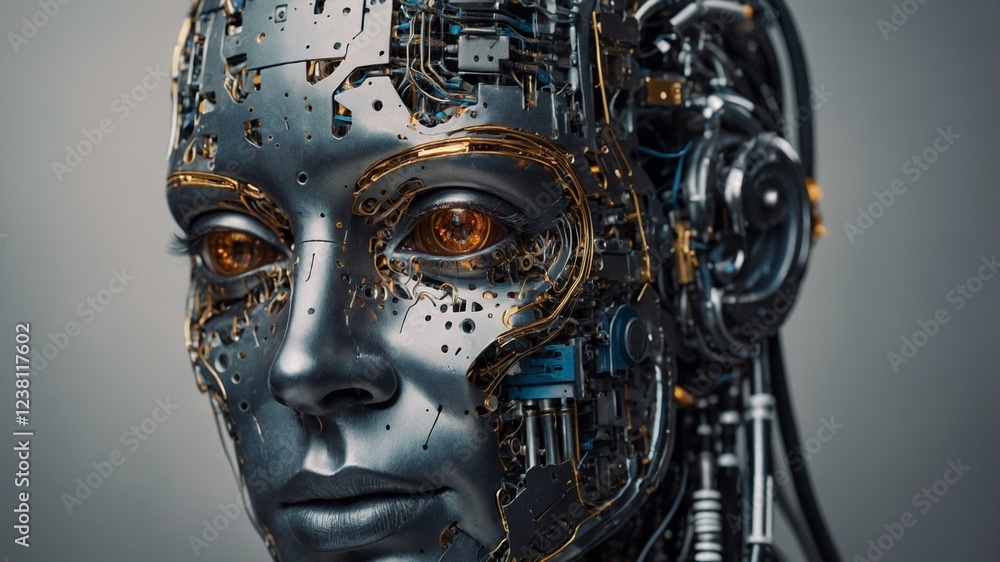 Poster futuristic humanoid robot with intricate circuitry and glowing eyes in a modern digital environment