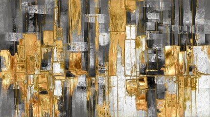 Bold and expressive, abstract artwork blends deep contrasts with rich textures and shimmering gold. Dynamic vertical composition evokes movement, depth, and a striking sense of urban sophistication