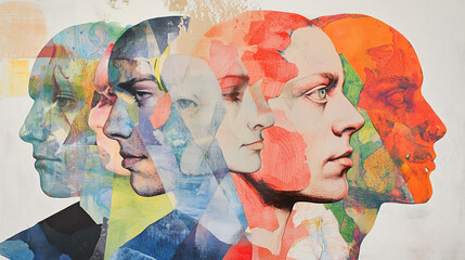 Creative Expression Through Soft Pencil Collage Showcasing Human Profiles With Vivid Colors and Textures. Generative AI