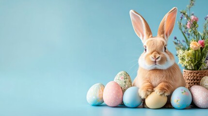 Easter banner with cute bunny with colorful eggs on blue background with space for text
