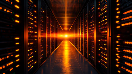 A well-lit data center with organized servers, symbolizing tech infrastructure, Realistic Photo Professional photography, Warm, soft directional lighting with diffused shadows,