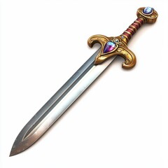 traditional medieval sword with a shiny blade and jeweled hilt, placed on a clean white background