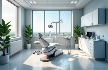 Fototapeta premium Modern dental clinic interior with empty dentist chair. Modern medical equipment, hygiene materials available. Room well-lit. View from window shows green scenery. Interior design light, minimalist.