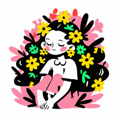 Vector illustration of a woman with flowers in her hair on a white background. Happy women's day