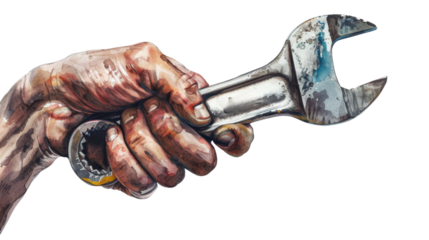 Worker hand holding adjustable wrench on transparent background
