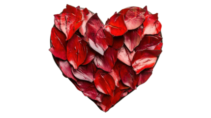 Red heart symbol made of leaves showing love and romance on transparent background