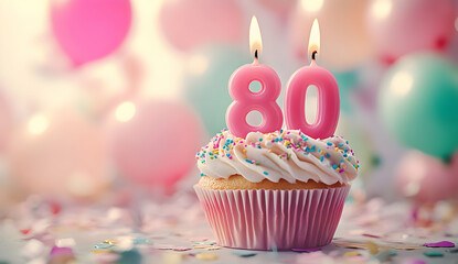 Happy Birthday 80th with a cupcake and candles