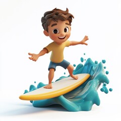 3D cartoon character riding a surfboard, isolated on a white background, providing a fun and engaging visual.