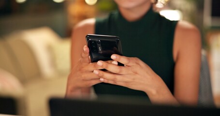 Hands, phone and night with business woman in office for overtime, client feedback and online review. Communication, email and texting with closeup of person in agency for website and deadline