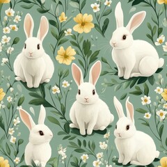 Fototapeta premium Seamless spring pattern with Cute white bunnies, spring flowers and leaves, seamless pattern on green background, vector illustration --stylize 250 --v 6.1 Job ID: e040abdf-c1b7-40df-92bf-9f9a45f4e2e5
