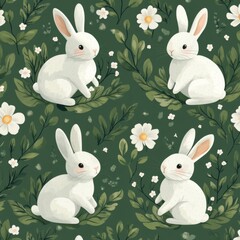 Fototapeta premium Seamless spring pattern with Cute white bunnies, spring flowers and leaves, seamless pattern on green background, vector illustration --stylize 250 --v 6.1 Job ID: e040abdf-c1b7-40df-92bf-9f9a45f4e2e5
