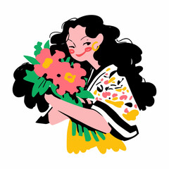 Vector illustration of a woman with flowers in her hair on a white background. Happy women's day