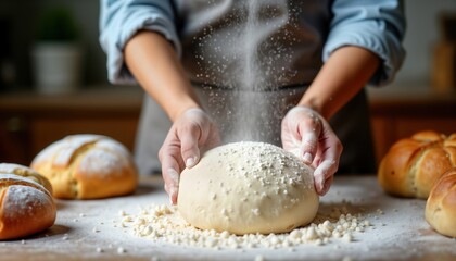 Fototapeta premium Woman kneads dough on wooden table covered with flour. Freshly baked bread loaves are on table around dough. Cozy home baking scene with flour dusting around dough. Woman makes homemade bread.