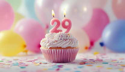 Happy Birthday 29th with a cupcake and candles
