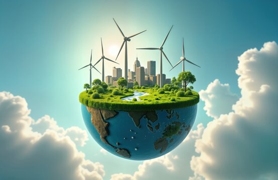 Floating eco planet with green city, renewable energy sources. Sustainable city on floating Earth with wind turbines, solar panels. Healthy ecosystem concept. Modern eco tech solution for planet.