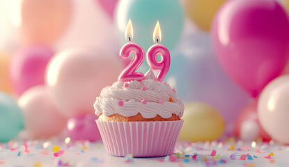 Happy Birthday 29th with a cupcake and candles