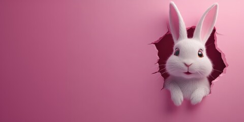 3D Easter banner background design with a cute smiling cartoon bunny peeking out of a crack in the wall isolated on a pink background with space for text