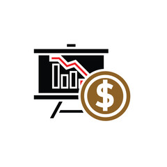 finance icon. financial graph and dollar coin on white background. graphs on paper, laptop or results. investment, healthy economy. Solid design style